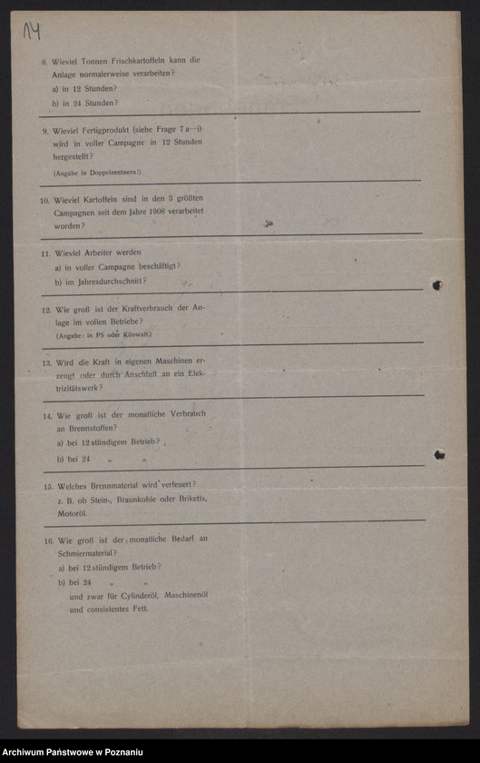 Obraz 16 z jednostki "[Kwestionariusze statystyczne dotyczące suszarni i krochmalni ziemniaków]"