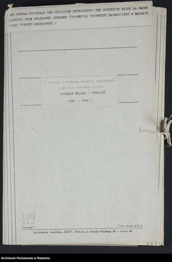 image.from.unit.number "[Wnioski o wydanie dowodów osobistych oraz nie odebrane dowody Szerman Fajwel - Szmajer]"