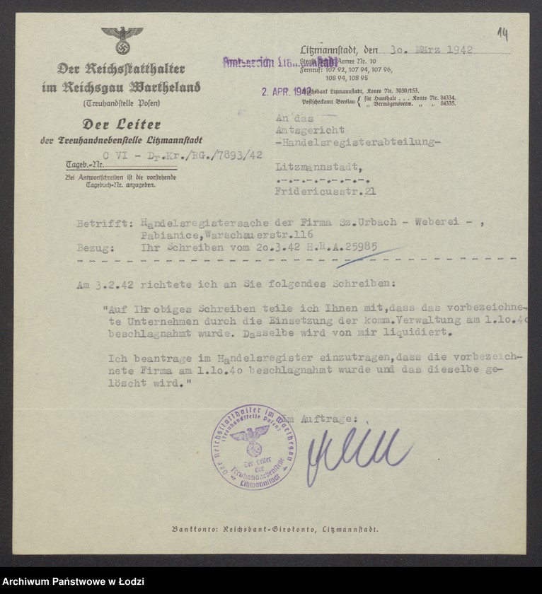 Obraz 16 z jednostki "Szlama Urbach – mechaniczna tkalnia zarobkowa w Pabianicach"