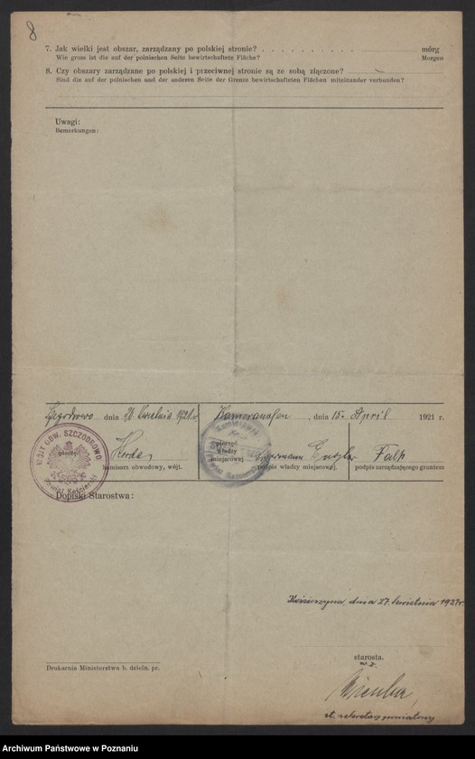 Obraz 8 z jednostki "[Kwestionariusze dotyczące stwierdzenia gruntów znajdujących się po niemieckiej stronie pogranicza a zarządzanych przez zamieszkałych po stronie polskiej] powiat kościański"