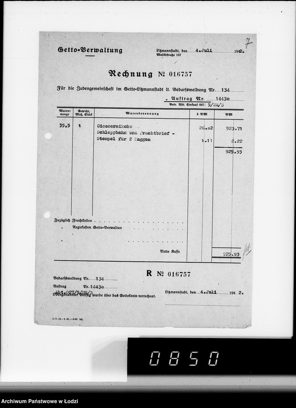 Obraz 11 z jednostki "Aufträge [Lieferscheinen und Rechnungen] 14370-14430 [Dostawy artykułów pierwszej potrzeby do Getta]"