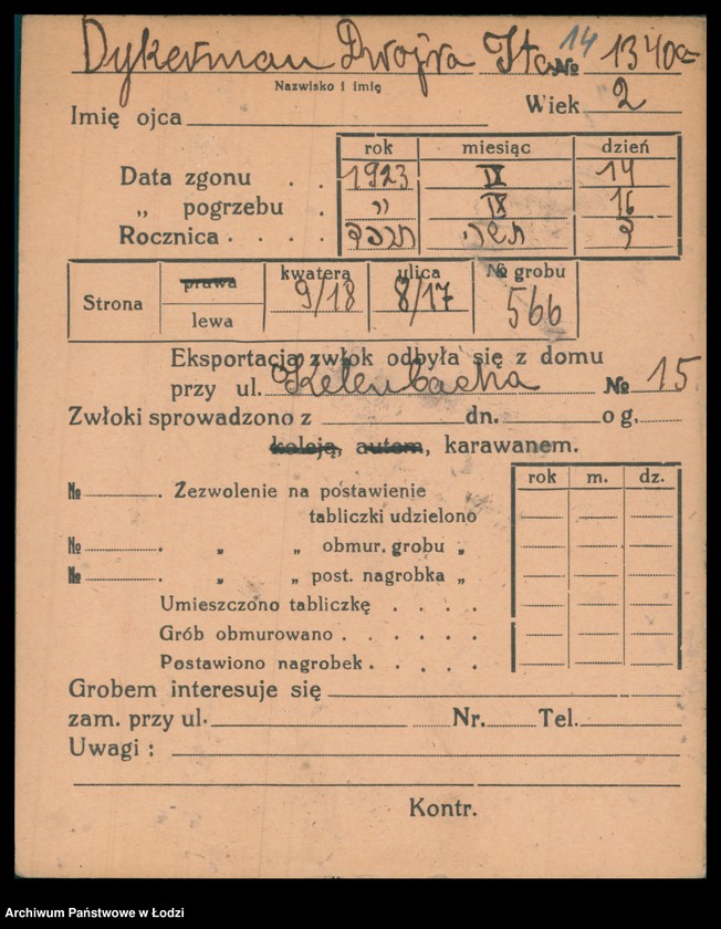 Obraz 15 z jednostki "Kartoteka osób pochowanych na cmentarzu żydowskim przy ulicy Brackiej w latach 1892-1953. Nazwiska na litery: Dy-Dz"