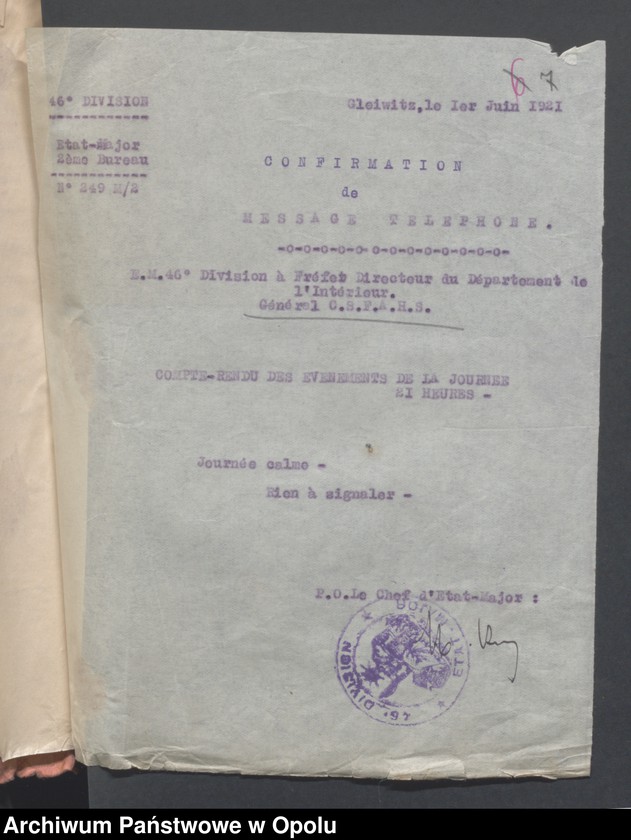 Obraz 9 z jednostki "Entrees-Pieces emanant des autorites Subordonnees-Evenements /Korespondencja od jednostek podległych w sprawie zdarzenia z miesiąca VI.1921/ 1-25.06.1921"