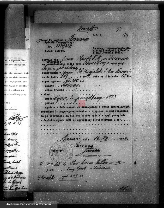 Obraz 19 z jednostki "Towarzystwo Akcyjne "Sport" w Kościanie Fabryka przyborów sportowych w Kościanie nr woj. kotła 1923"