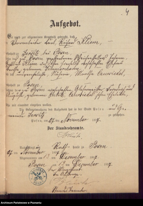 Obraz 6 z jednostki "Die von den Verlobten beigebrachten Urkunden zur Eheschliessung pro 1897"