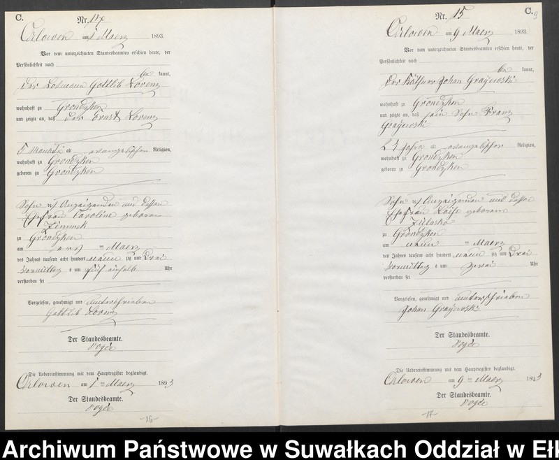 image.from.unit.number "Sterbe-Neben-Register des Preussischen Standes-Amtes Orlowen Kreis Loetzen für das Jahr 1893"