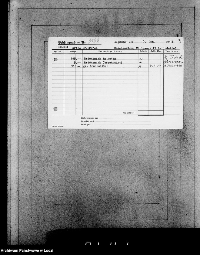 Obraz 7 z jednostki "Kripo.Unterlagen 3000-3200.[Dokumenty konfiskaty majątku ruchomego u Żydów]"