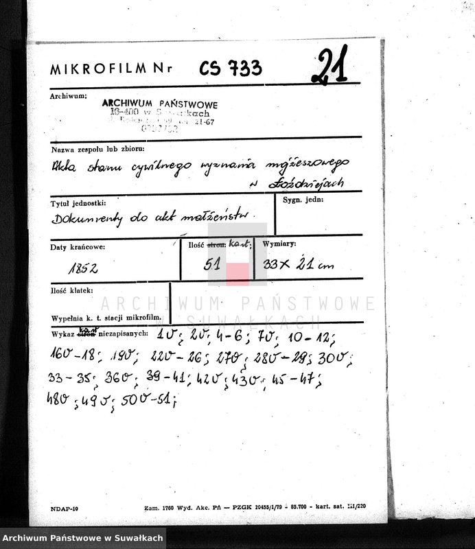 image.from.unit.number "Dowody Zawartych Małżeństw Starozakonnych w Okręgu Łoździeje w roku 1852"