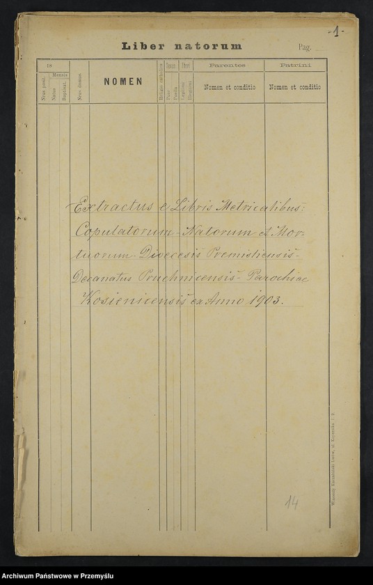 image.from.unit.number "Extractus e libris metricalibus copulatorum natorum et mortuorum dioecesis Premisliensis decanatus Pruchnicensis parochiae Kosienicensis ex Anno 1903"