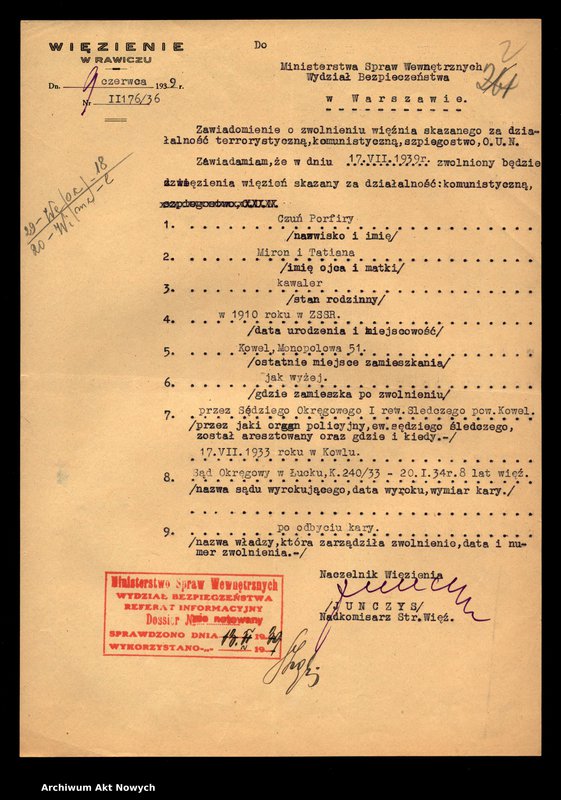 image.from.unit.number "Więzienie w Rawiczu - informacje o zwolnieniu osób skazanych za działalność komunistyczną. Kwestionariusze."