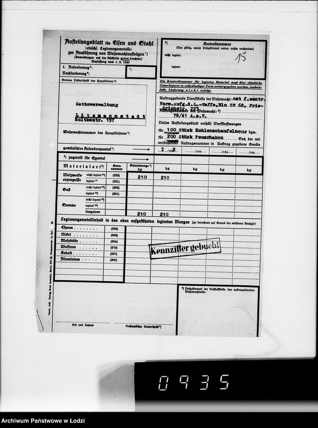 Obraz 17 z jednostki "Amt für Vewaltungsaufgaben der Luftwaffe Kriegsauftrag 49/41 A.z.V.100 Kohlenschaufeln. 200 Feuerhaken"