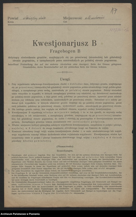 Obraz 15 z jednostki "[Kwestionariusze dotyczące stwierdzenia gruntów znajdujących się po niemieckiej stronie pogranicza a zarządzanych przez zamieszkałych po stronie polskiej] powiat Międzychód"