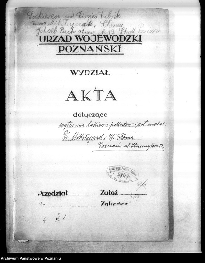 image.from.unit.number "Wytwórnia lakierów, pokostów i artykułów malarskich Fr. Mikołajczak i W. Słoma Poznań ul. Strumykowa 12"