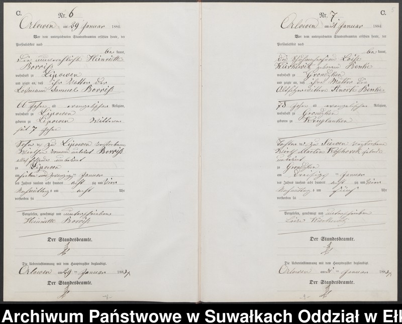 image.from.unit.number "Sterbe-Neben-Register des Preussischen Standes-Amtes Orlowen Kreis Loetzen für das Jahr 1884"