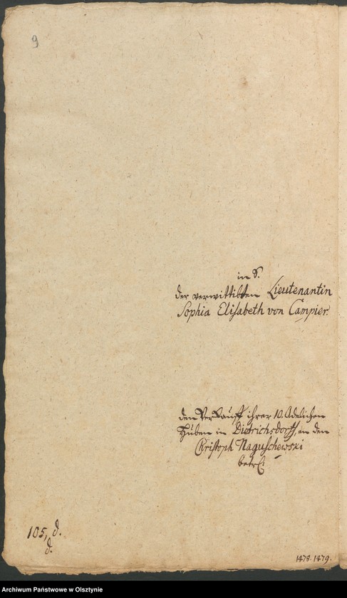 image.from.unit.number "In S. [Sachen] der verwittibten Lieutenantin Sophia Elisabeth von Campier. Den Verkauff ihrer 10 Adelichen Huben in Dietrichsdorff [Wietrzychowo] an den Christoph von Naguschewski"