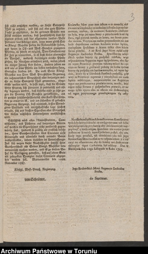 image.from.unit.number "Cyrkularze prezesa Regencji Zachodnio Pruskiej z 22.XI.1787 w sprawie koni dla wojska i 12.I.1788 w sprawach policyjnych"