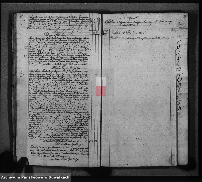image.from.unit.number "Księga do zapisywania aktów cywilnych małżeństwa gminy wiżajńskiey, departamentu łomżyńskiego, powiatu kalwaryjskiego"