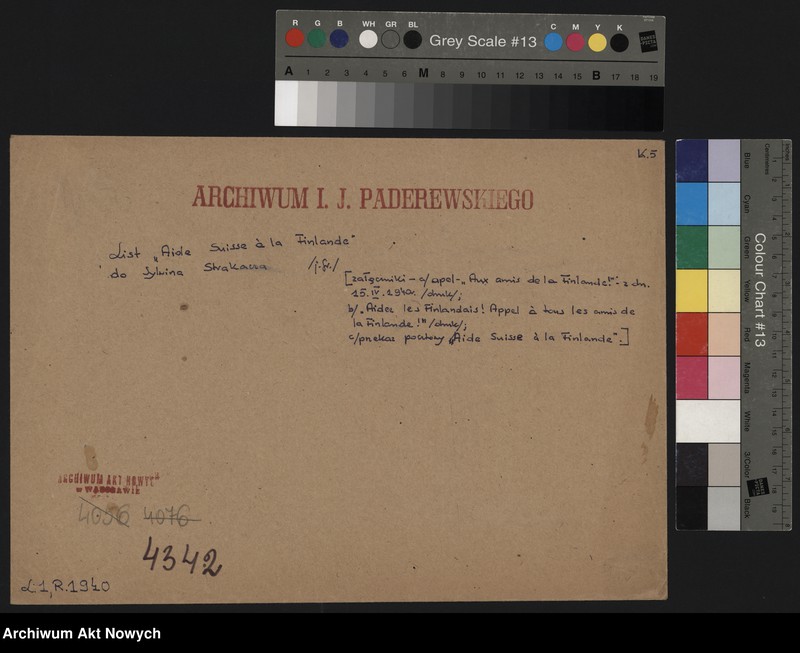 image.from.unit.number "Aide Suisse à la Finlande; Załączniki: a) apel "Aux amis de la Finlande!" z dn. 15 IV 1940 r. (druk); b) "Aidez les Finlandais! Appel a tous les amis de la Finlande!" (druk); c) przekaz pocztowy "Aide Suisse a la Finlande""