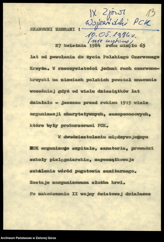 Obraz 15 z jednostki "Zdrowie. Przemówienia pracowników wydziału z okazji. Dnia pracownika służby zdrowia w latach 1982-1988, rocznic Wojewódzkiej Stacji Krwiodawstwa w 1978,1986; Sanepidu 1979, Sanatorium w Torzymiu w 1980, PKPS w 1984"