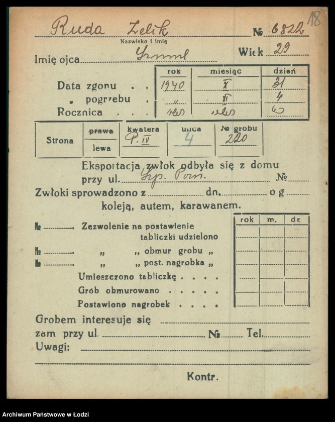Obraz 19 z jednostki "Kartoteka osób pochowanych na cmentarzu żydowskim przy ulicy Brackiej w latach 1892-1956. Nazwiska na litery: Rubl-Rz"