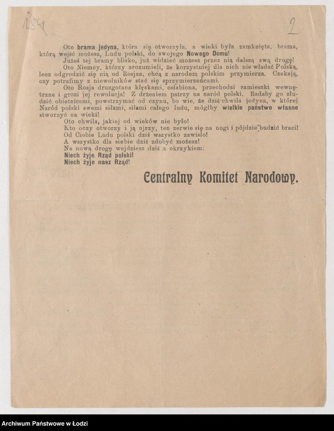 Obraz 2 z jednostki "[Ulotka Centralnego Komitetu Narodowego popierająca Radę Stanu Królestwa Polskiego]"