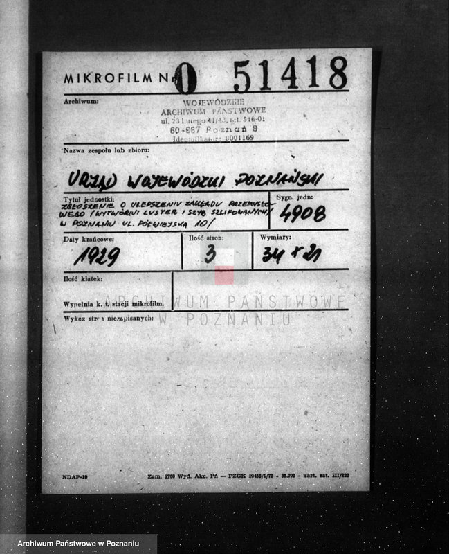 Obraz 2 z jednostki "/Zgłoszenie o ulepszeniu zakładu przemysłowego wytwórni luster i szyb szlifowanych/ w Poznaniu przy ul. Półwiejskiej 10/"