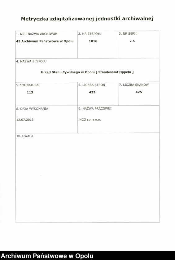 Obraz 2 z jednostki "Urząd Stanu Cywilnego w Opolu 1876 Rejestr zgonów Księga Miejscowa Nr 1 do 423"