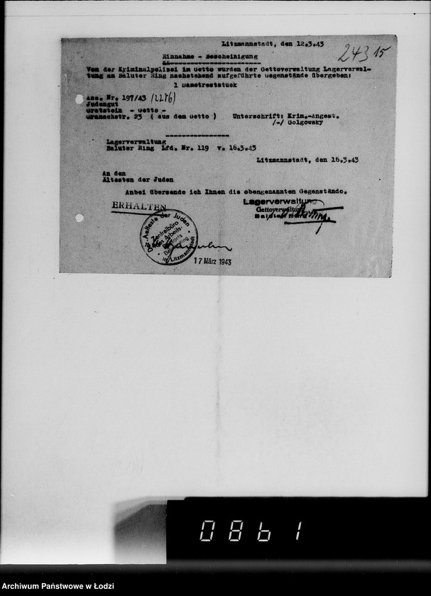 Obraz 19 z jednostki "[Konfiskata przez Kripo w Getcie ruchomego mająktu żydowskiego] Nr 1-250"