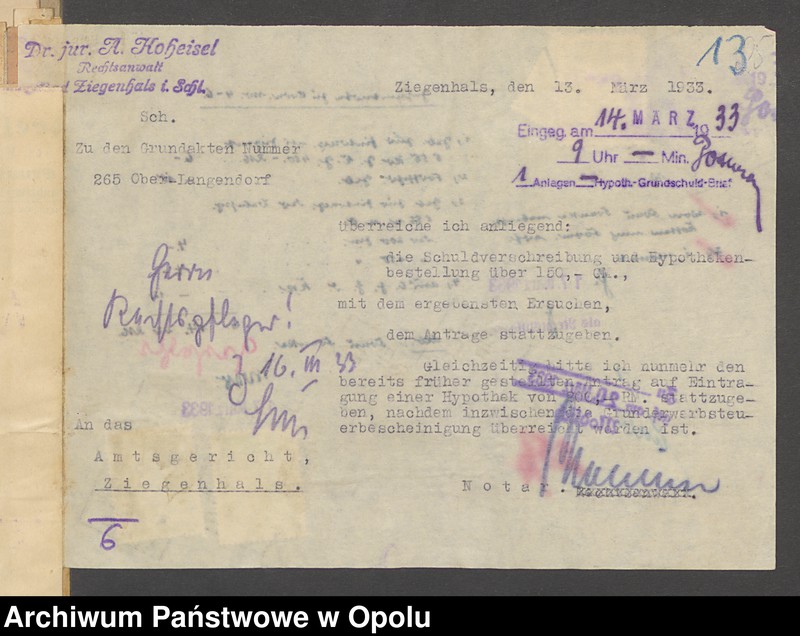 Obraz 19 z jednostki "Grundakten für Band VII Blatt 265 des Grundbuchs von Oberlangendorf Eigentümer Albert und Hedwig geboren Schope Rothersche Eheleute, Franke Gregor Hedwig Franke Rother geboren Schöpe, Kirchner August."