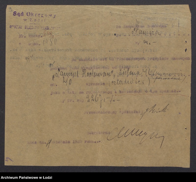 Obraz 11 z jednostki "Samuel Hochman, Samuel Węgrowski i S-ka- prowadzenie fabryki i sprzedaż towarów manufakturowych"