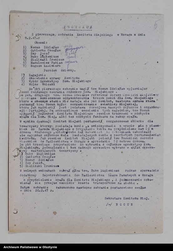 image.from.unit.number "Komitet Miejski Polskiej Parii Robotniczej w Mrągowie: protokoły z posiedzeń, zebrań aktywu miejskiego, sprawozdania. Protokoły z zebrań Kół miejskich PPR miasta Mrągowa: Państwowa Centrala Handlowa, KP PPR Milicji Obywatelskiej, "Odbudowa", Odlewnia Warsztatów Mechanicznych, Państwowa Fabryka Wyrobów Drzewnych, Powiatowy Urząd Bezpieczeństwa Publicznego, Samopomoc Chłopska"