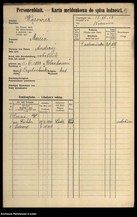 Obraz 20 z jednostki "[Spis ludności Łodzi] Wąsiakowska - Wedeman"