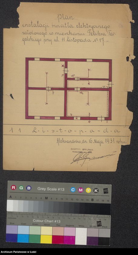 image.from.unit.number "Plan instalacji światła elektrycznego założonego w mieszkaniu Feliksa Targalskiego przy ulicy 11 Listopada numer 17 w Aleksandrowie"