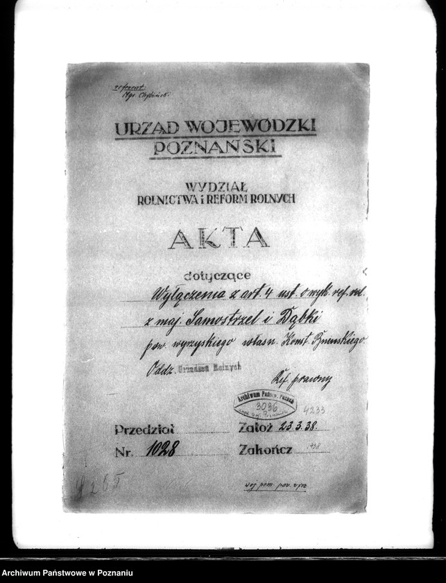 Obraz 4 z jednostki "Wyłączenie z art.. 4 ustawy o wykonaniu reformy rolnej z majątku Samostrzel i Dąbki powiatu wyrzyskiego własność Konstantyna Bnińskiego"