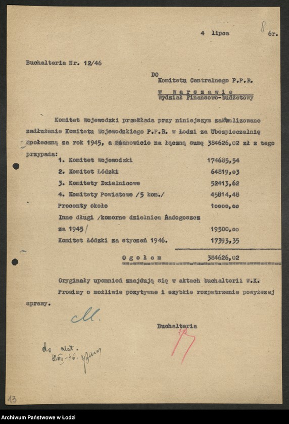 Obraz 9 z jednostki "Korespondencja z [Wydziałem Ogólnym, Budżetowo - Finansowym, Gospodarczym oraz Buchalterią] Komitetu Centralnego"