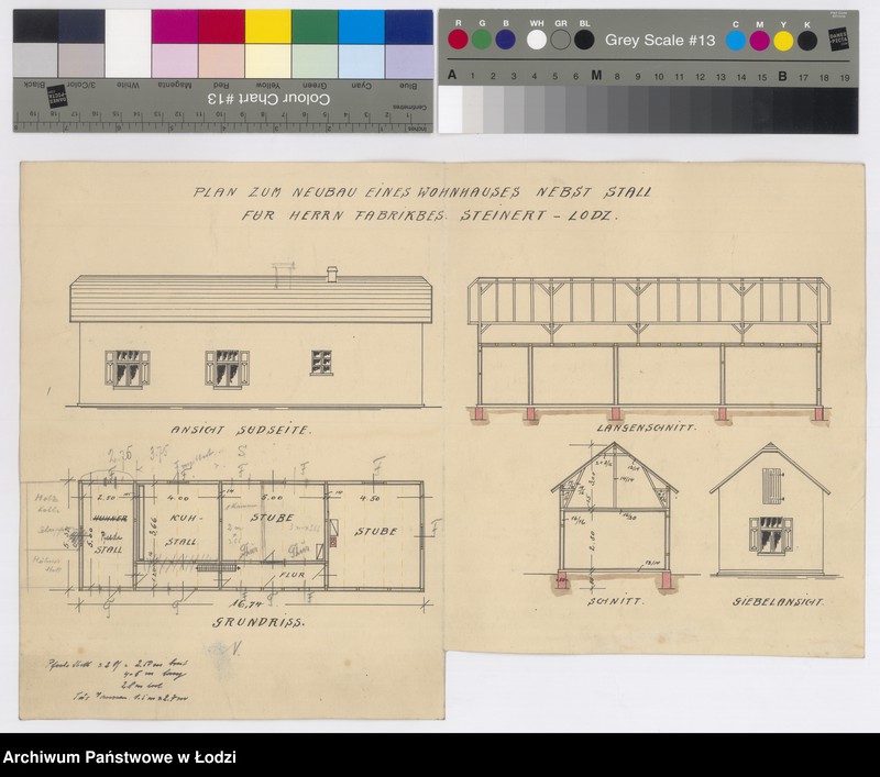 Obraz 1 z jednostki "Plan zum Neubau Eines Wohnhauses Nebst Stall für Herrn Fabrikbesitzer Steinert Lodz"