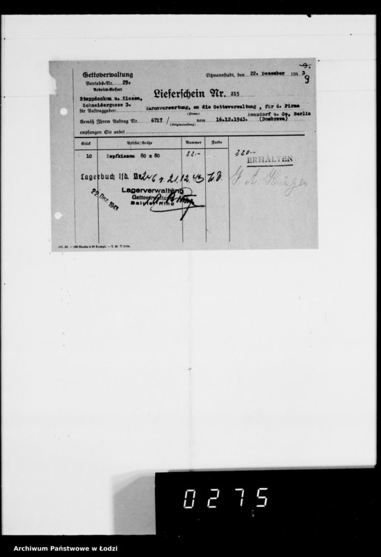 Obraz 16 z jednostki "Warenverwertung an den Ältesten der Juden Aufträge 5986-6000. [Odzież i wyroby kuśnierskie]"