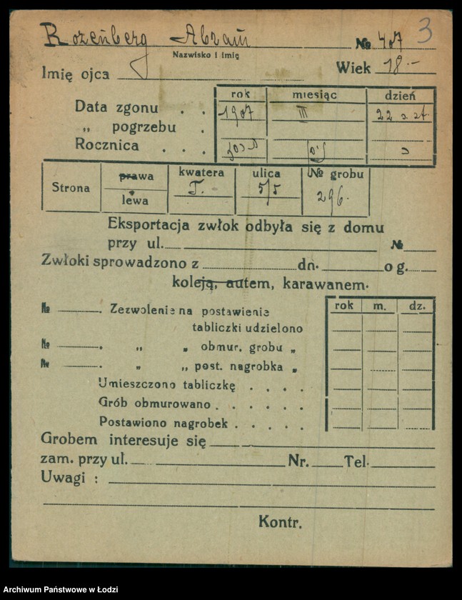 Obraz 4 z jednostki "Kartoteka osób pochowanych na cmentarzu żydowskim przy ulicy Brackiej w latach 1892-1954. Nazwiska na litery: Rozenbe-Rozenf"