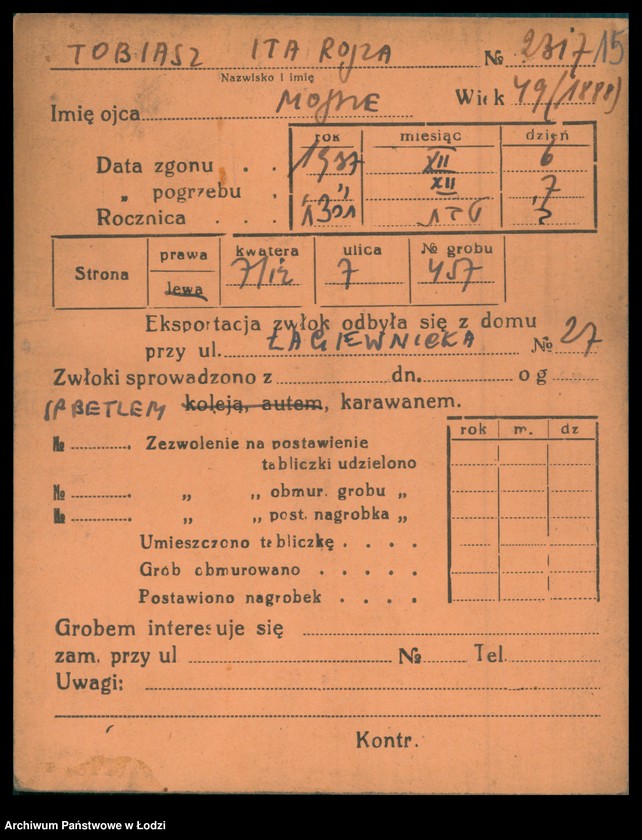 Obraz 16 z jednostki "Kartoteka osób pochowanych na cmentarzu żydowskim przy ulicy Brackiej w latach 1892-1957. Nazwiska na litery: To-Ty"