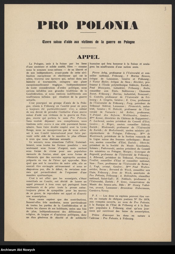 image.from.unit.number "Pro Polonia. Oeuvre suisse de secours aux Polonia victimes de la guerra; Załączniki: 1) Biuletyny Nr Nr 1,2,3; 2) Apel; 3) Raport dotyczący dzieci uciekinierów polskich; 4) kopia listu J. Dębickiego do "Pro Polonia"; L.3"