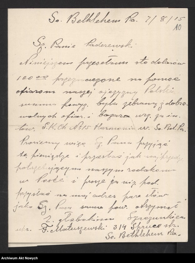 image.from.unit.number "Korespondencja organizacji polonijnych i osób prywatnych ze Stanów Zjednoczonych do I. J. Paderewskiego w sprawie pomocy dla ofiar wojny w Polsce"