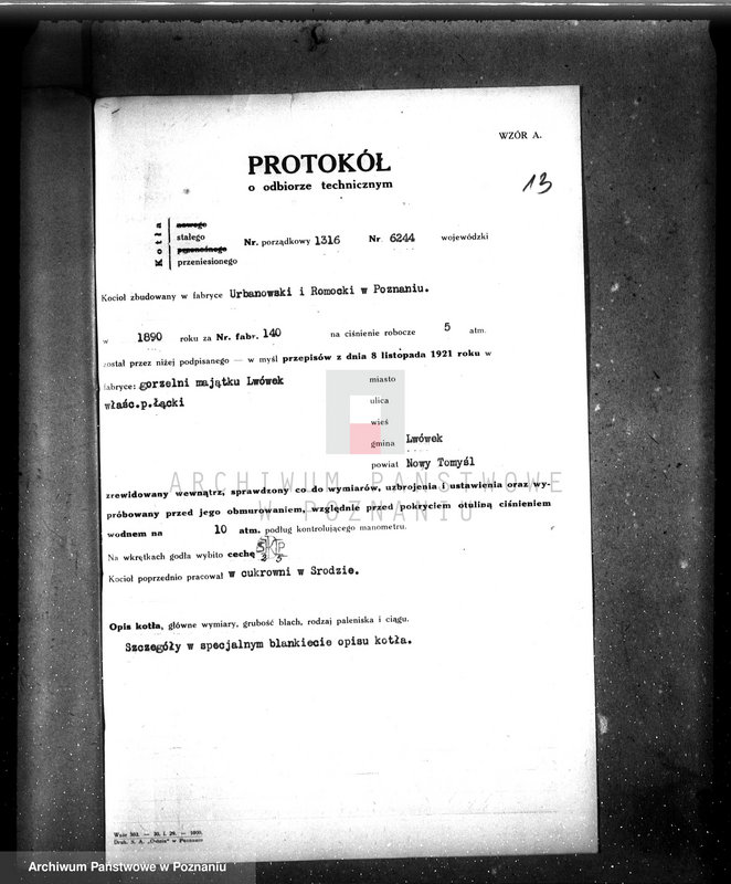 Obraz 17 z jednostki "Gorzelnia rolnicza maj. Lwówek, własność St. Łąskiego nr woj. kotła 6244"