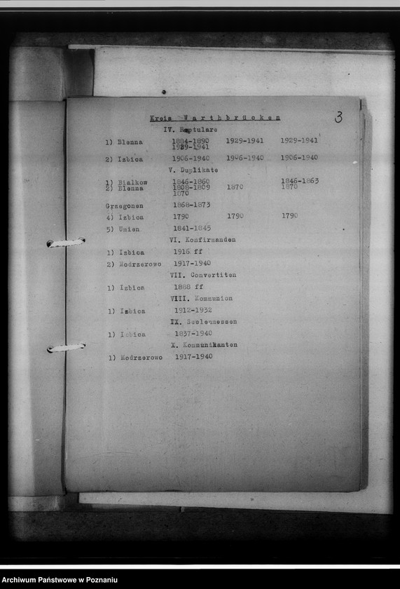 Obraz 7 z jednostki "Bücherverzeichnis der evangelischen, katholischen Gemeinden, Zivilregister, Raptulare, Duplikate, Konfirmanden, Convertiten, Seelenmessen, Kommunion, Kommunikanten, Kreis Warthbrücken [powiat kolski]"