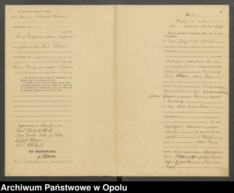 Obraz 6 z jednostki "Heiraths-Haupt-Register Standesamts Koppitz pro 1885"