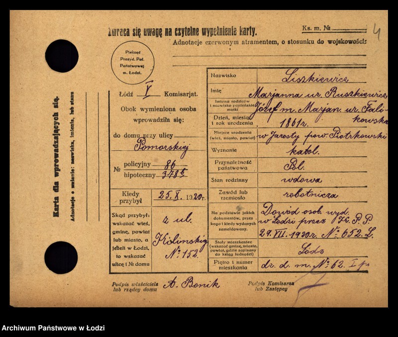 Obraz 6 z jednostki "[Spis ludności Łodzi] Liszkiewicz - Litke"