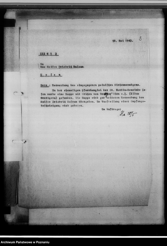 Obraz 7 z jednostki "[Korespondencja w sprawie przekazania teczki z rycinami Grottgera, książek polskich oraz szczątków fragmentarycznych akt polsko-katolickich gmin kościelnych z dekanatów: Środa, Chodzież, Międzychód oraz Kościan]"