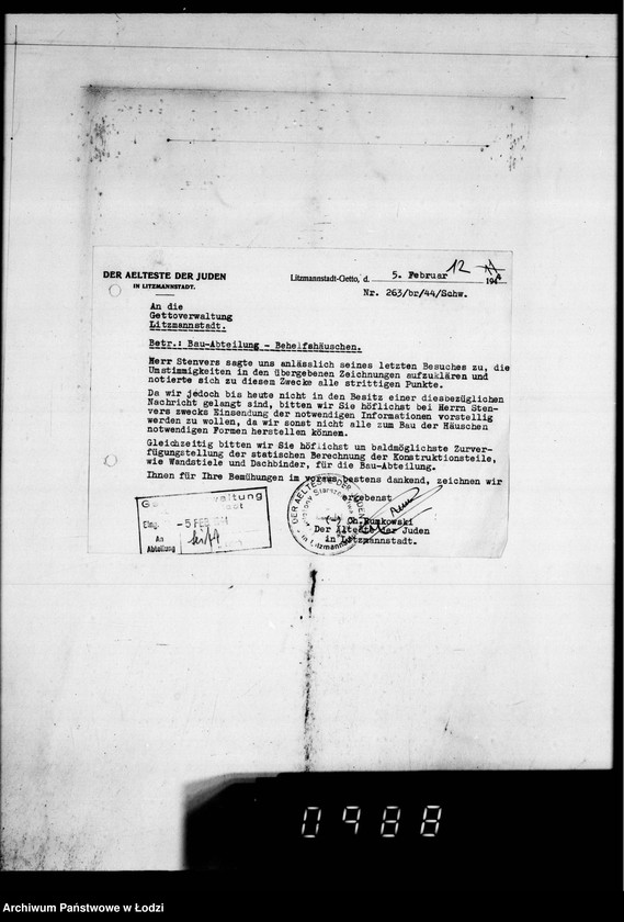 Obraz 16 z jednostki "Post an den Ältesten der Juden D.W.H.[Korespondencja dotycząca różnych prac w Getcie]"