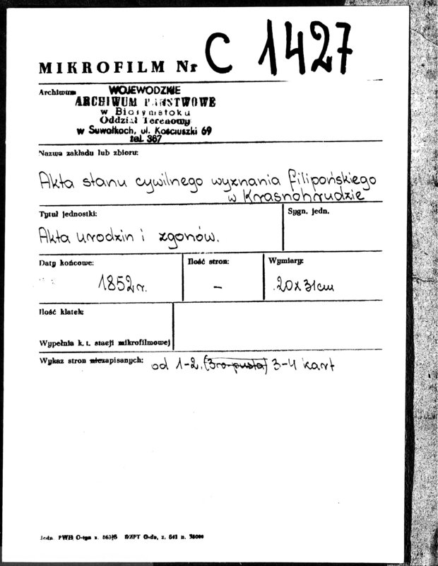 image.from.unit.number "Duplikat Urodzonych Zaślubionych Zmarłych Sekty Filiponów z Gminy Krasnohruda na 1852 rok"