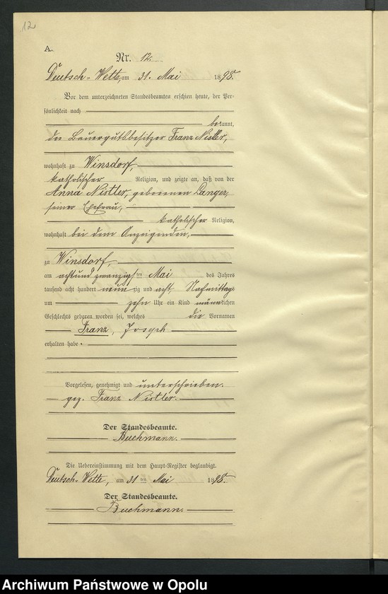 Obraz 16 z jednostki "Geburts-Neben-Register des Standesamts Deutsch Wette pro 1898"