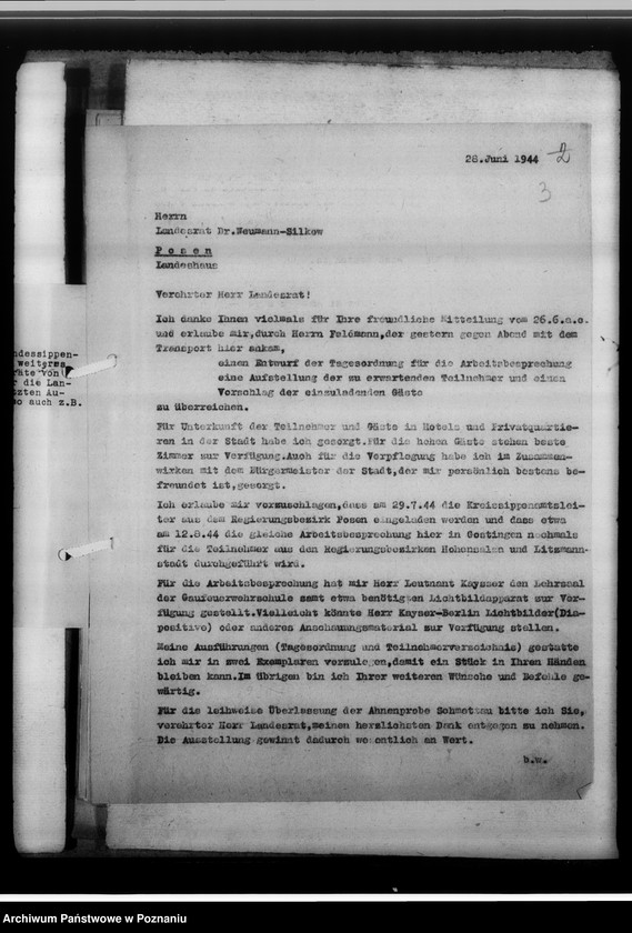 Obraz 7 z jednostki "Arbeitsbesprechung der Sippenamtsleiter in Gostingen [Gostyń, porządek obrad i sprawozdanie z zebrania kierowników powiatowych urzędów do spraw genealogicznych z terenu województwa poznańskiego]"